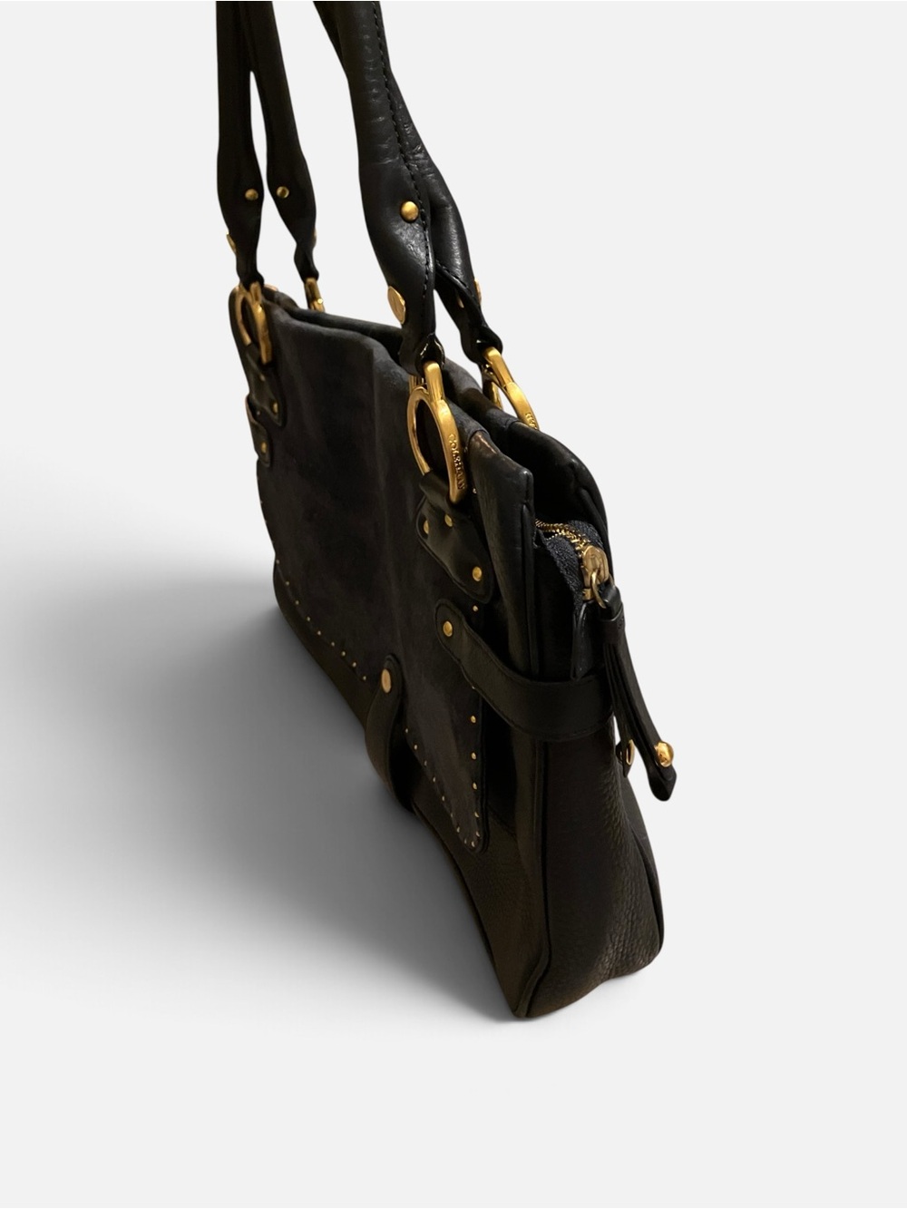 Cole Haan Classic Black Suede and Leather Shoulder Bag with Gold Hardware - Picture 4 of 8